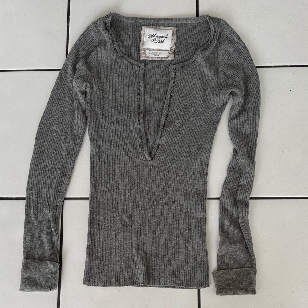 Abercrombie & Fitch Charcoal Ribbed Long Sleeve Top with Beading Embellishment M